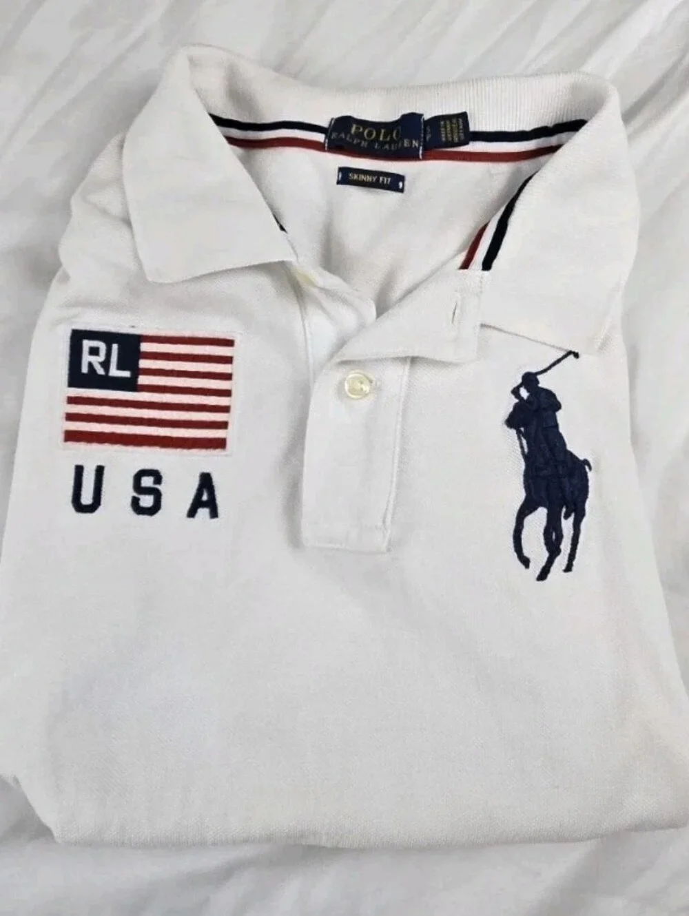 Polo Ralph Lauren Skinny Fit White Big Pony USA Flag Polo Shirt Men's - Small S